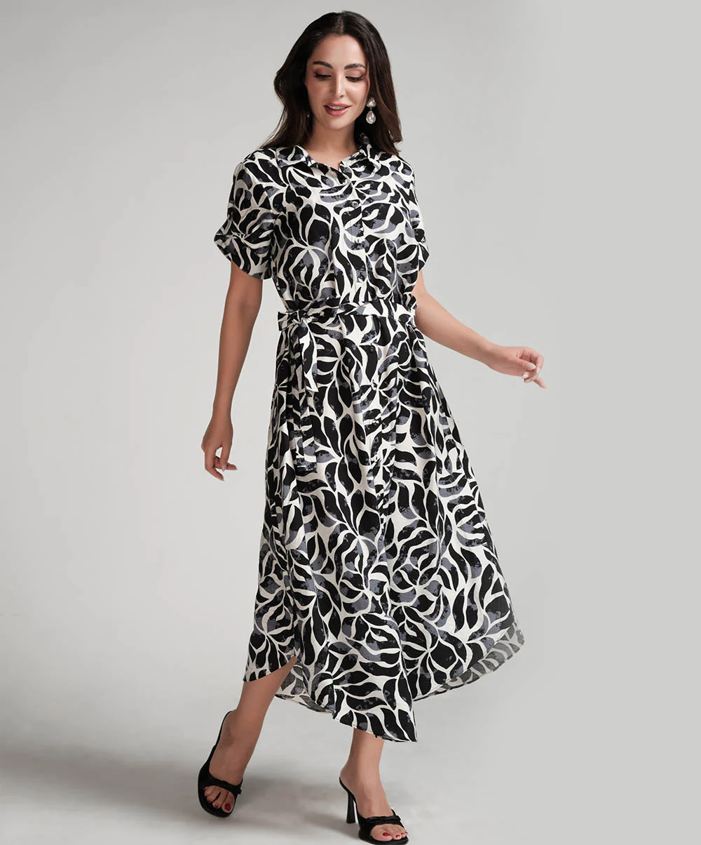 Asymmetrical Hem Black Printed Dress
