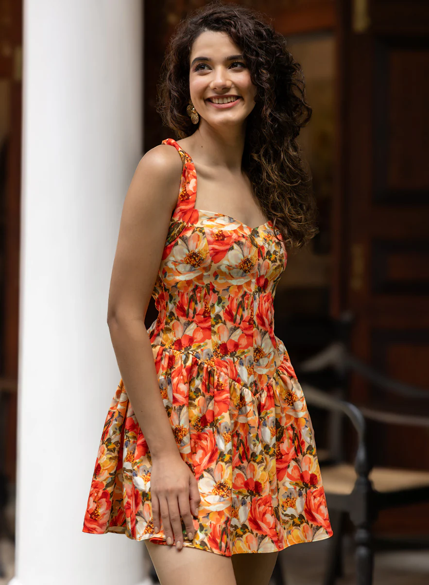 Back Detailed Printed Mini Dress