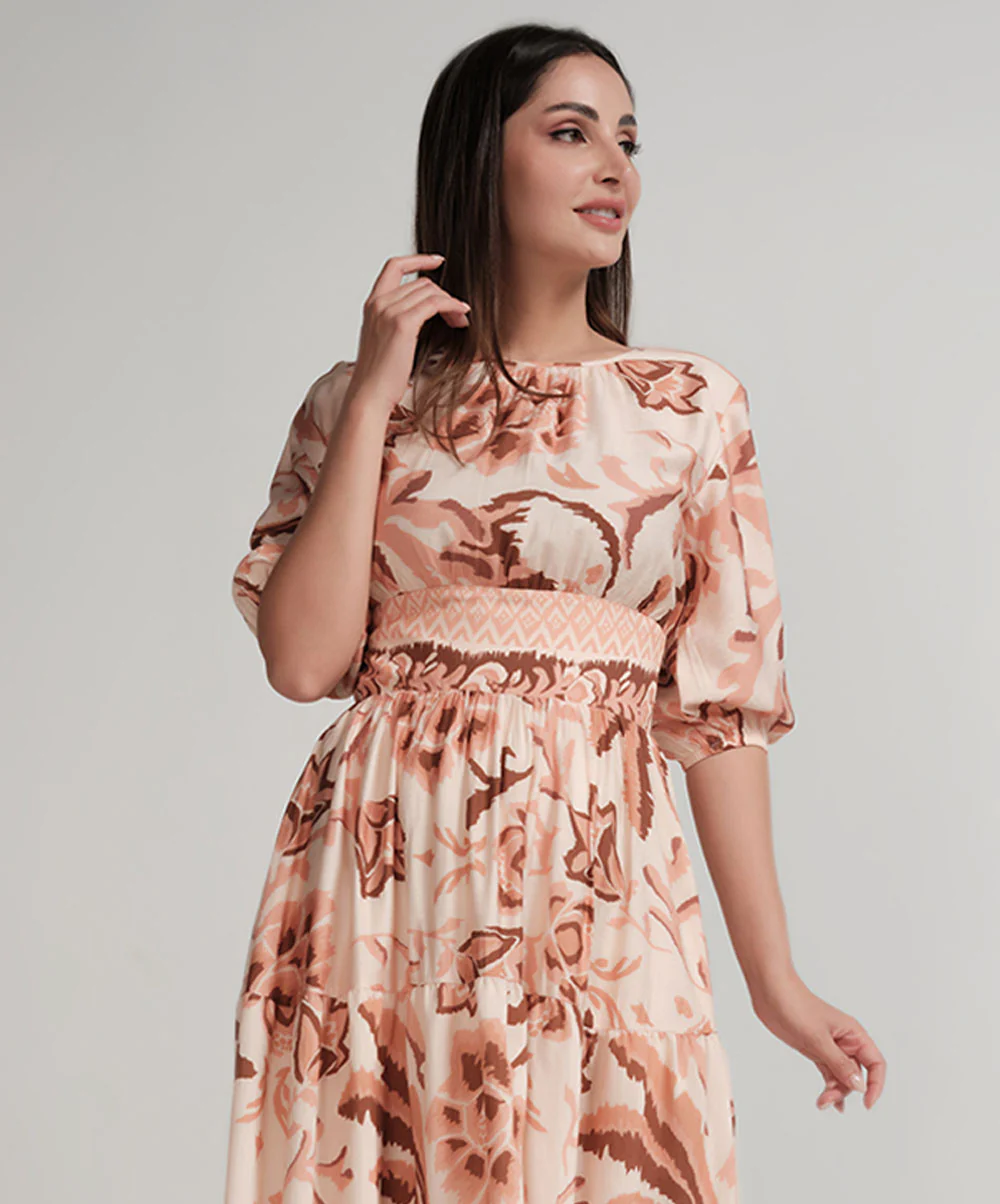 Back Tie Puffed Sleeve Beige Dress - Image 2