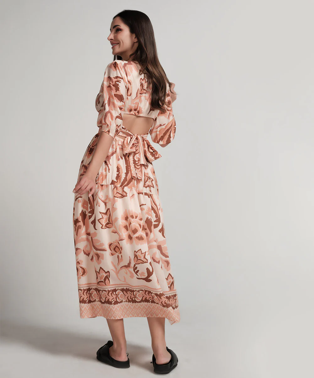 Back Tie Puffed Sleeve Beige Dress - Image 4
