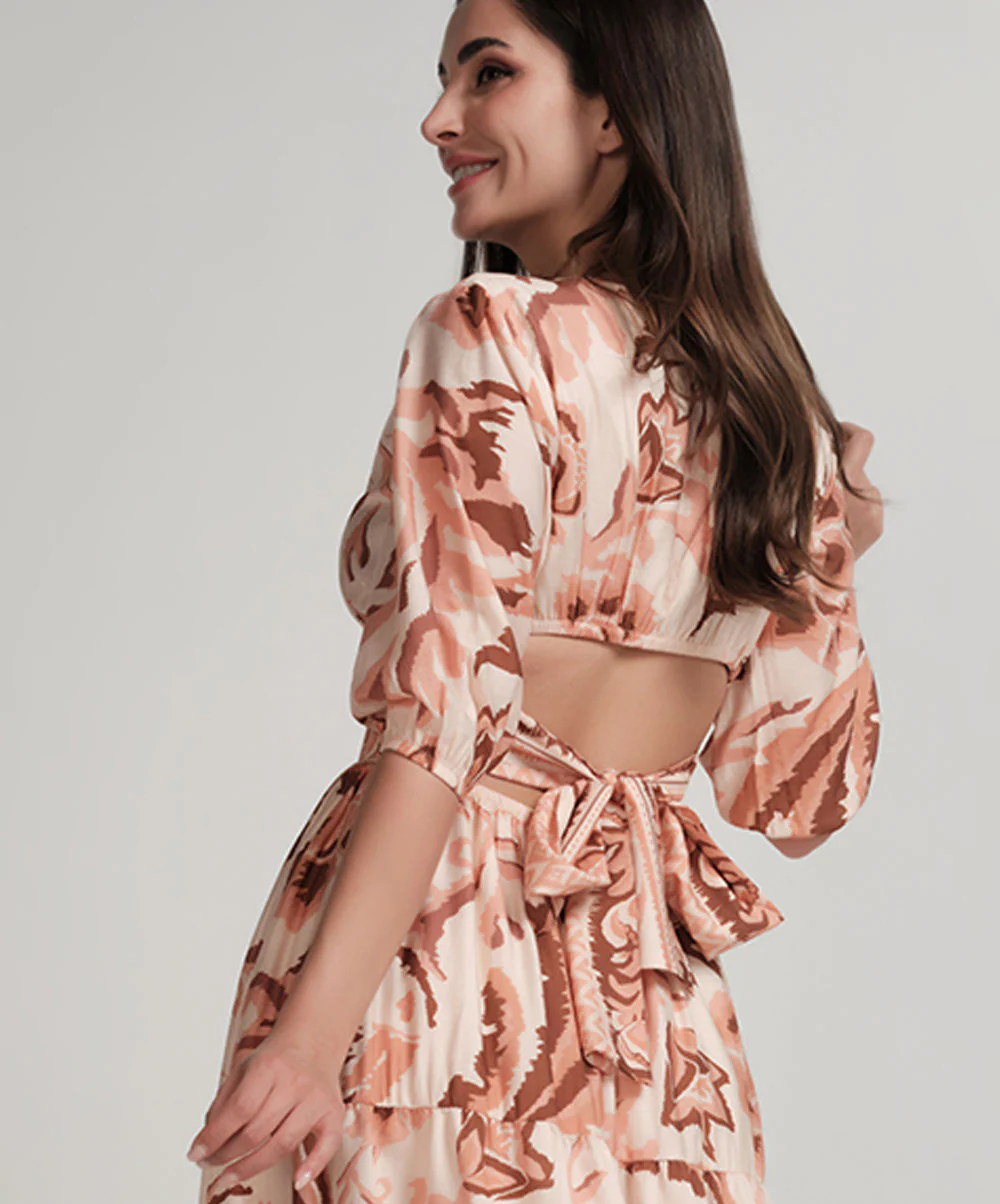 Back Tie Puffed Sleeve Beige Dress - Image 5