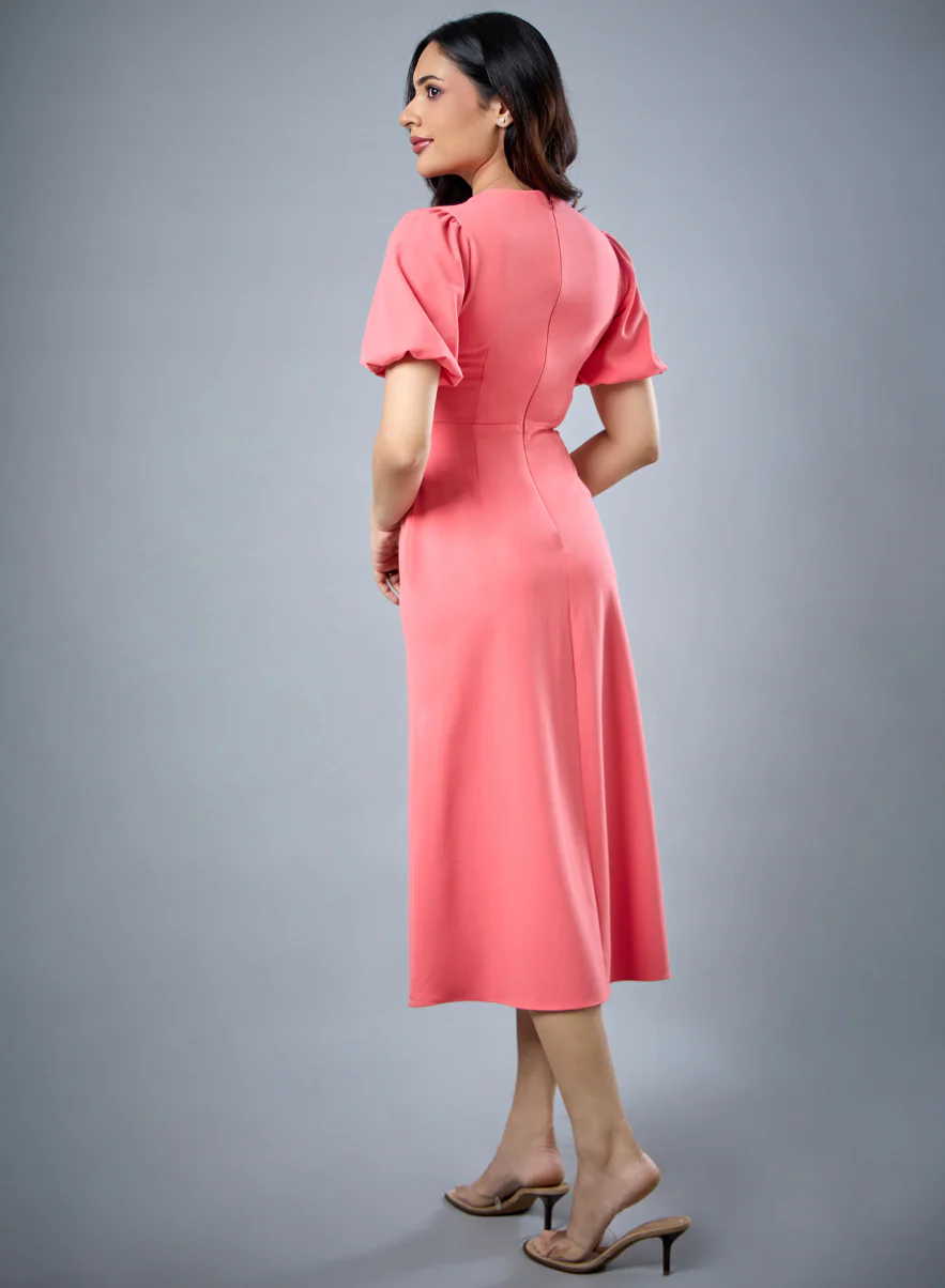 Balloon Sleeve Aline Formal Orange Dress - Image 3