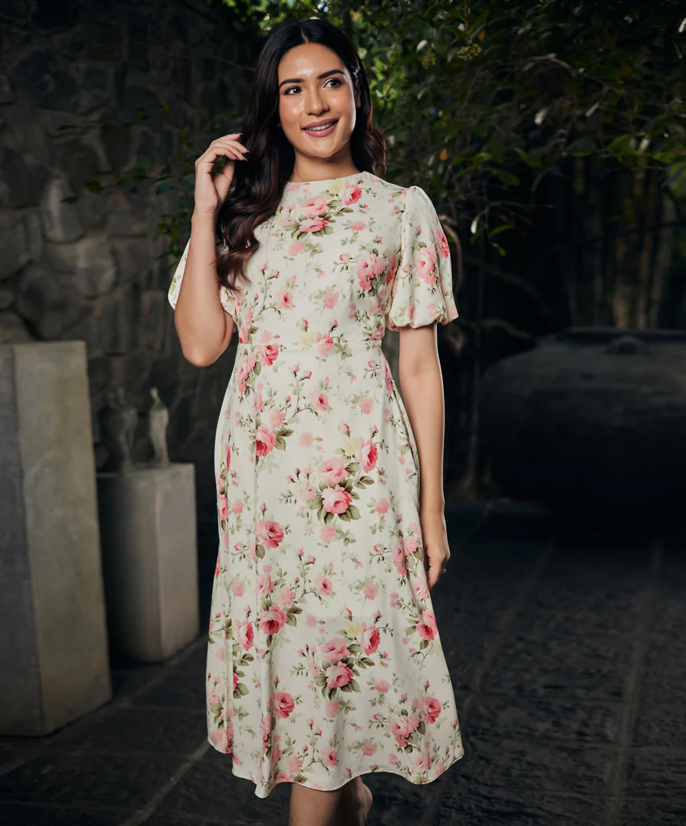 Balloon Sleeve Printed Midi Summer Dress - Image 3