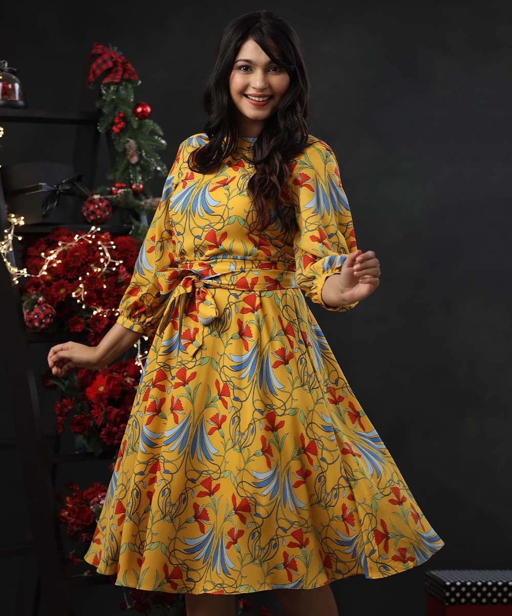 Balloon Sleeve Printed Mustard Midi Dress - Image 2