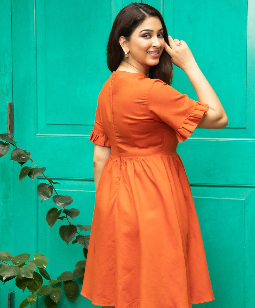 Orange Bell Sleeve Linen Midi Dress - Image 2