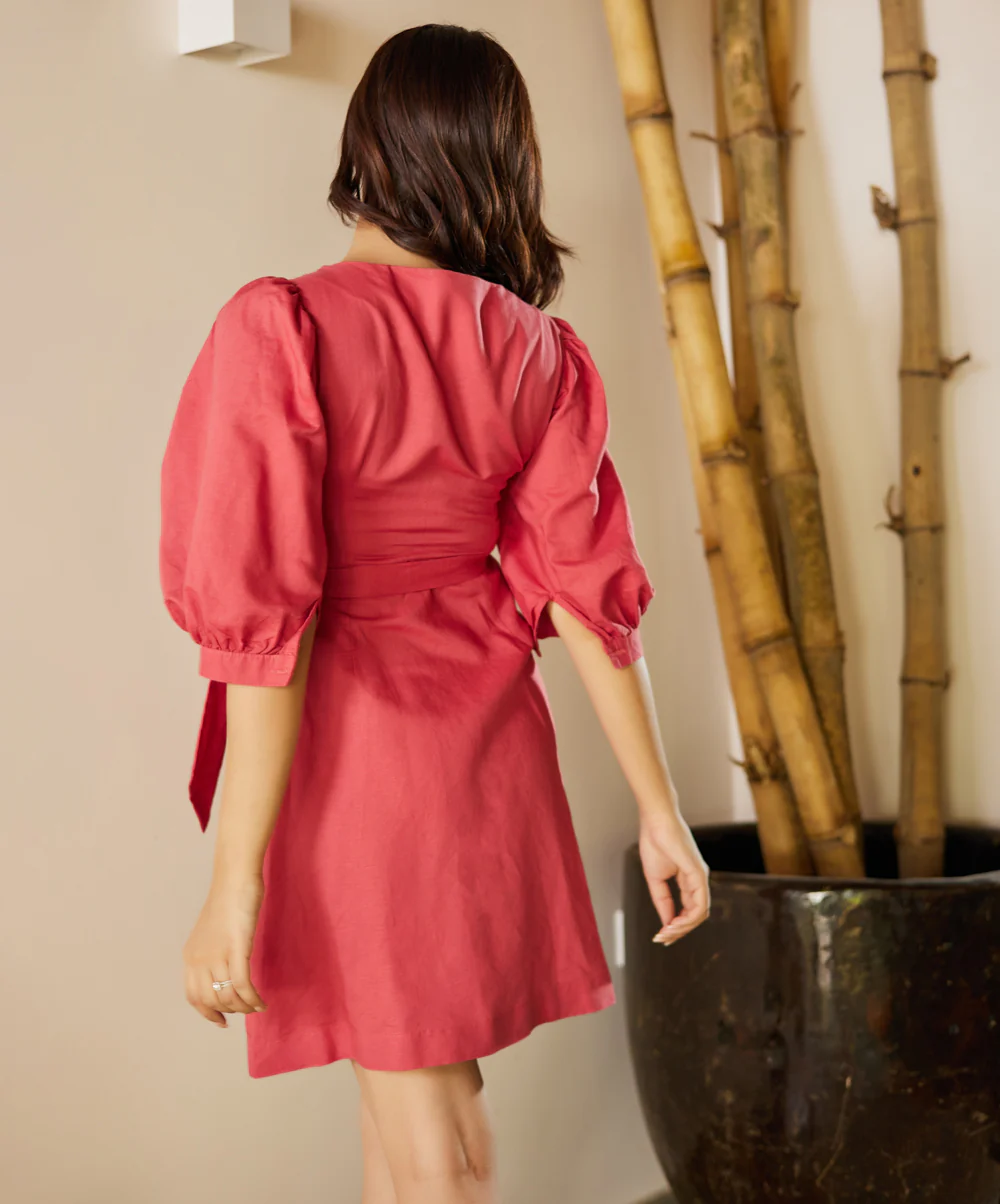 Belt Detailed Puffed Sleeve Linen Dress - Image 3
