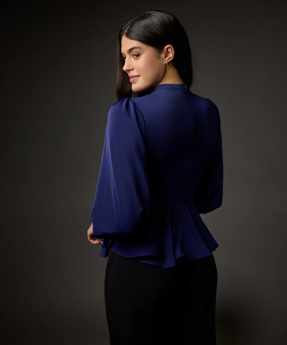 Bishop Sleeve Belted Peplum Top-Navy Blue - Image 3