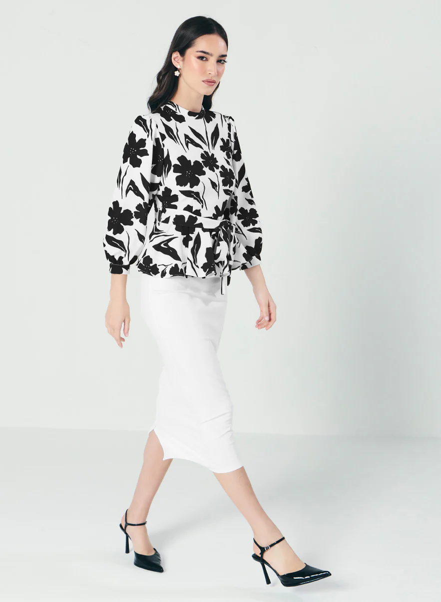 Black And White Floral Peplum Top - Image 7