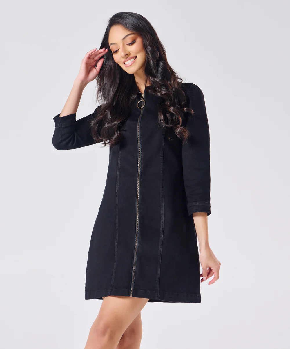 Black Denim Dress With A Front Zipper - Image 2