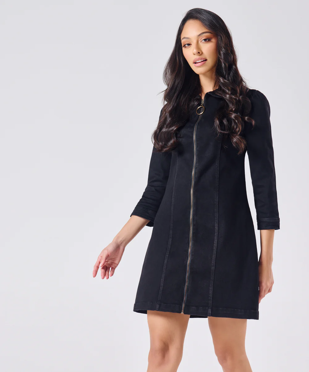 Black Denim Dress With A Front Zipper - Image 3