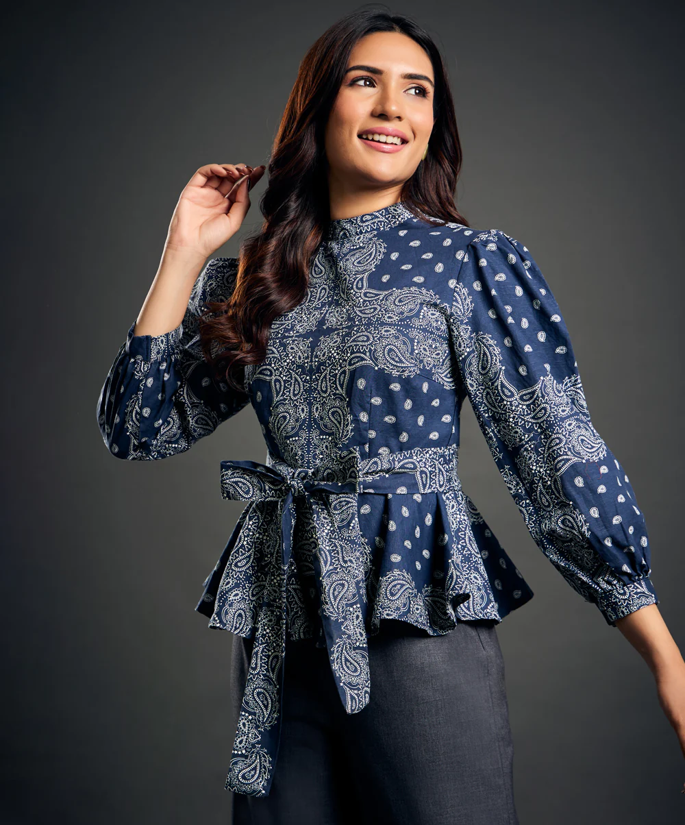 Blue And White Printed Peplum Top - Image 2