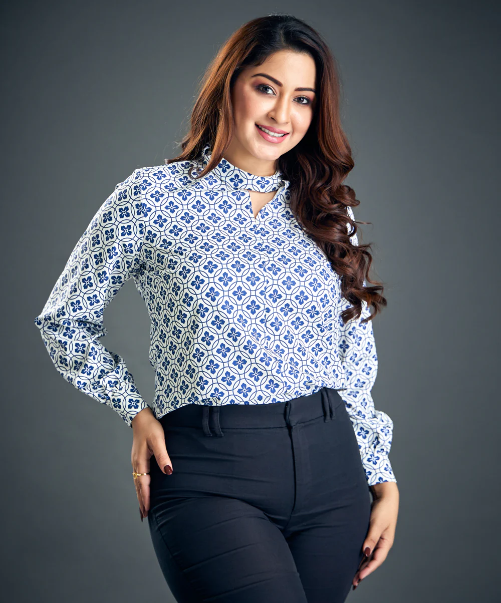 Blue Floral Printed Chiffon Neck Top - Image 3
