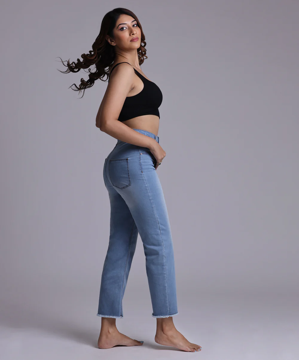 Blue High Rise Hem Fray Jean - Image 2