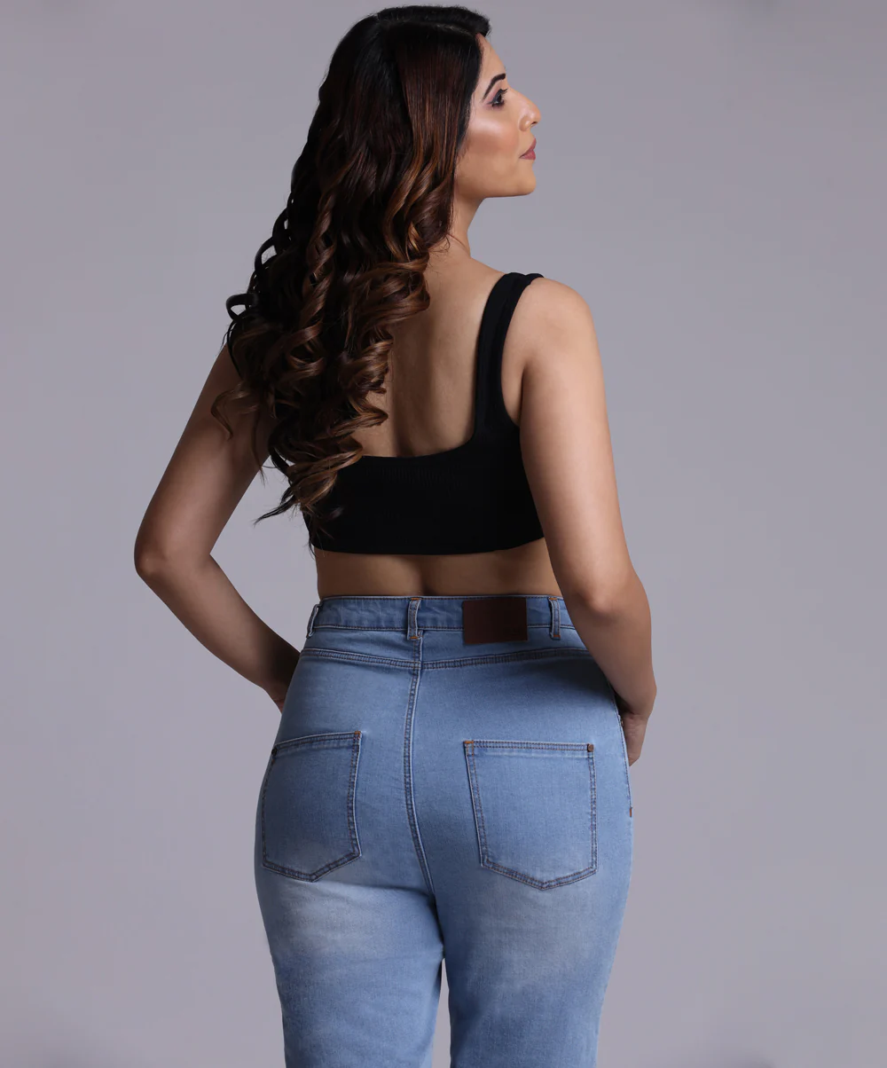 Blue High Rise Hem Fray Jean - Image 3