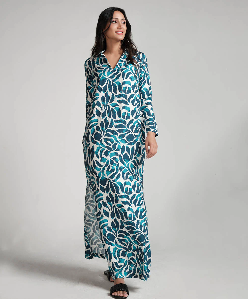 Blue Printed Dress With Side Pockets - Image 2