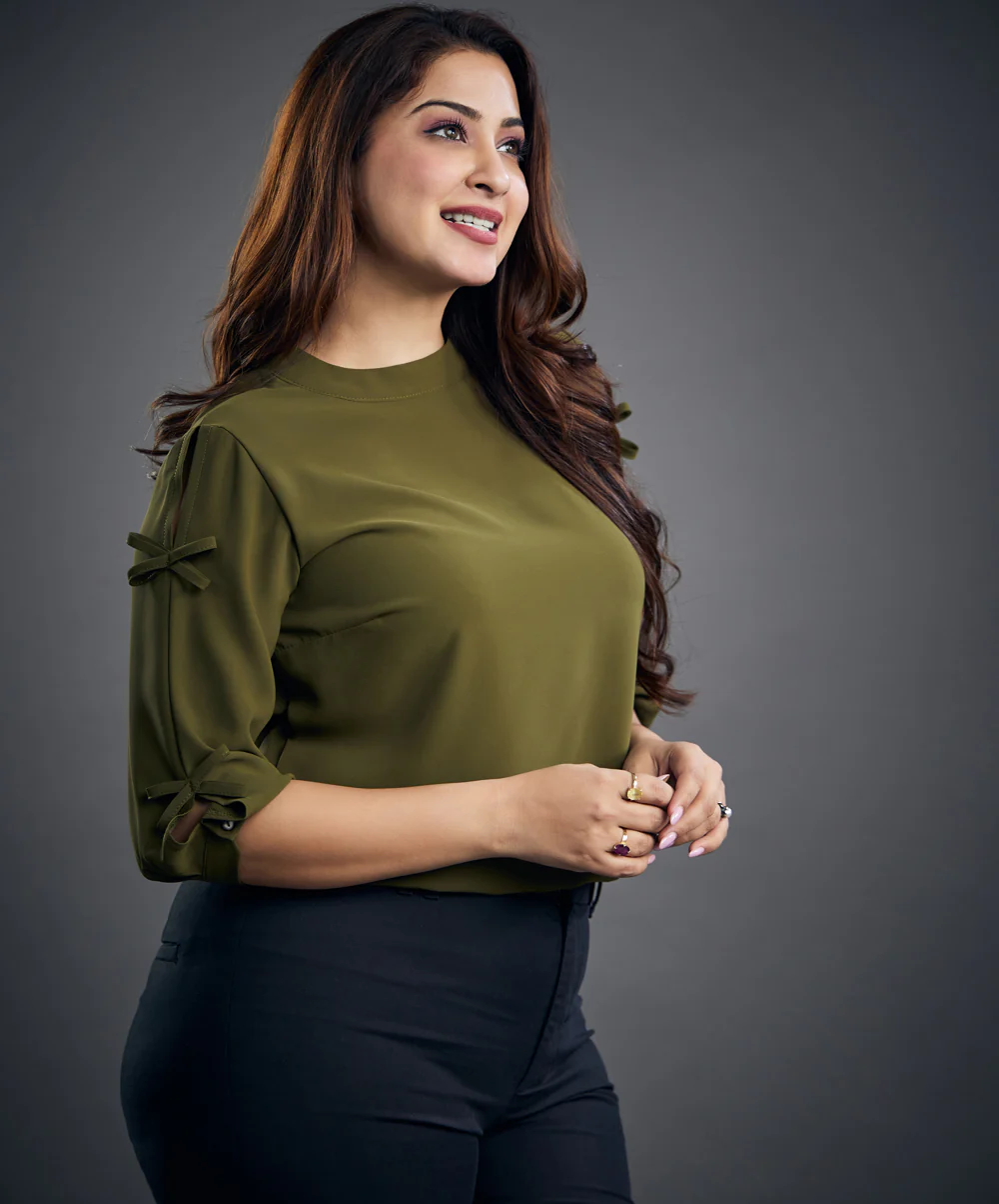 Bow Detailed Chiffon Khaki Top - Image 3