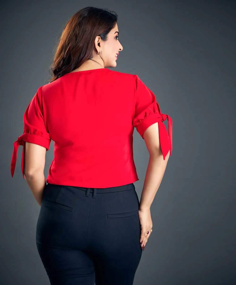 Bow Detailed Vneck Red Chiffon Top - Image 3