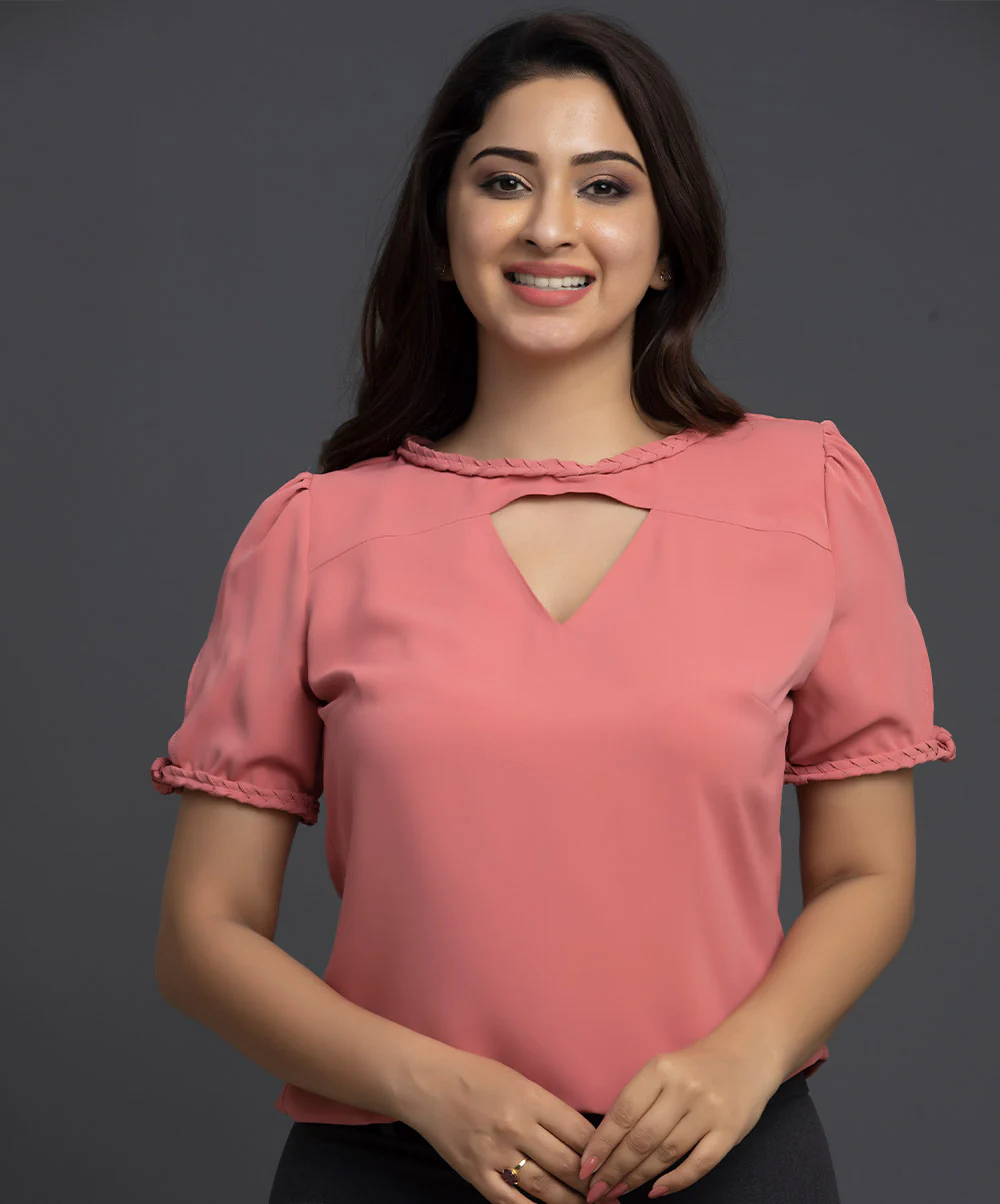 Braided Sleeve Neck Detailed Chiffon Top-Pink