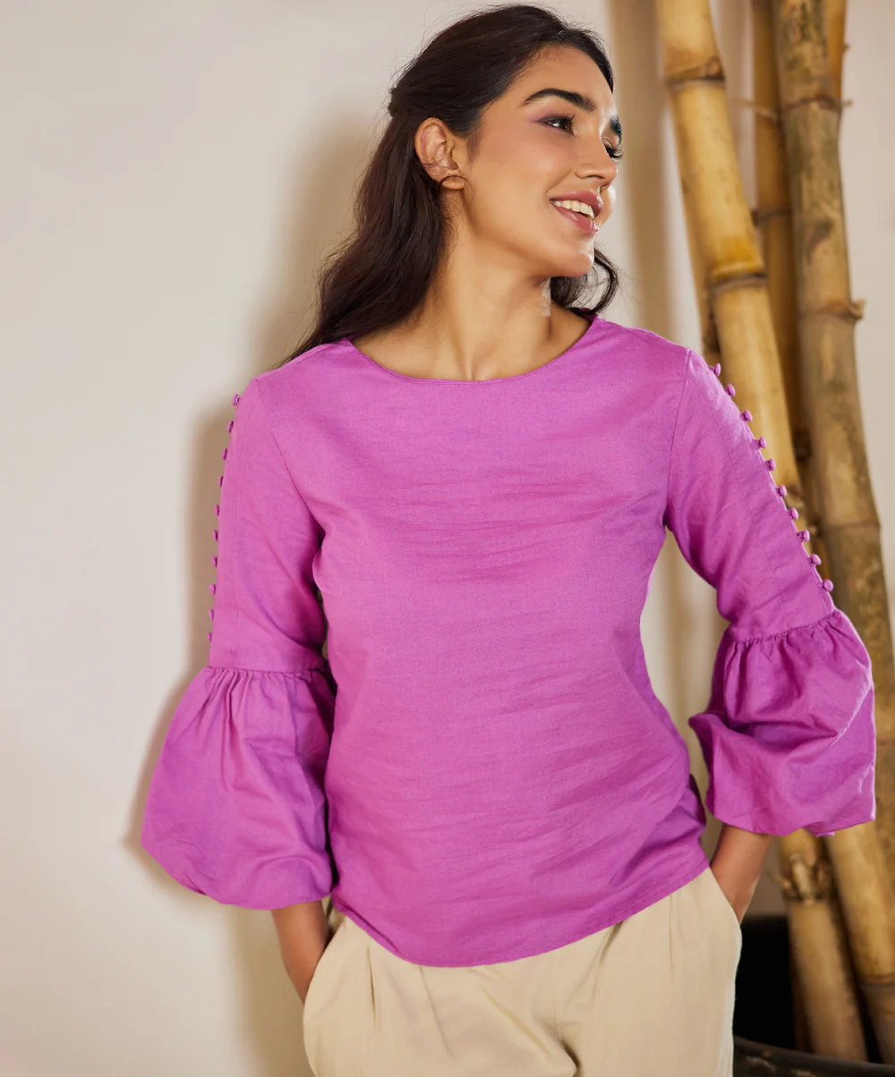 Buttoned Puffed Sleeve Linen Top - Image 2