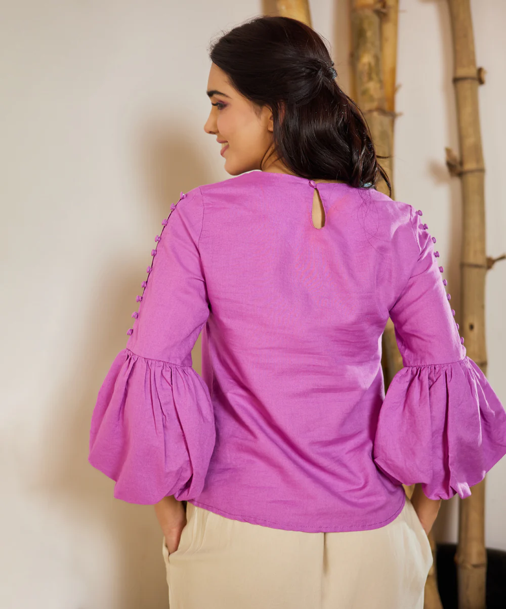 Buttoned Puffed Sleeve Linen Top - Image 3