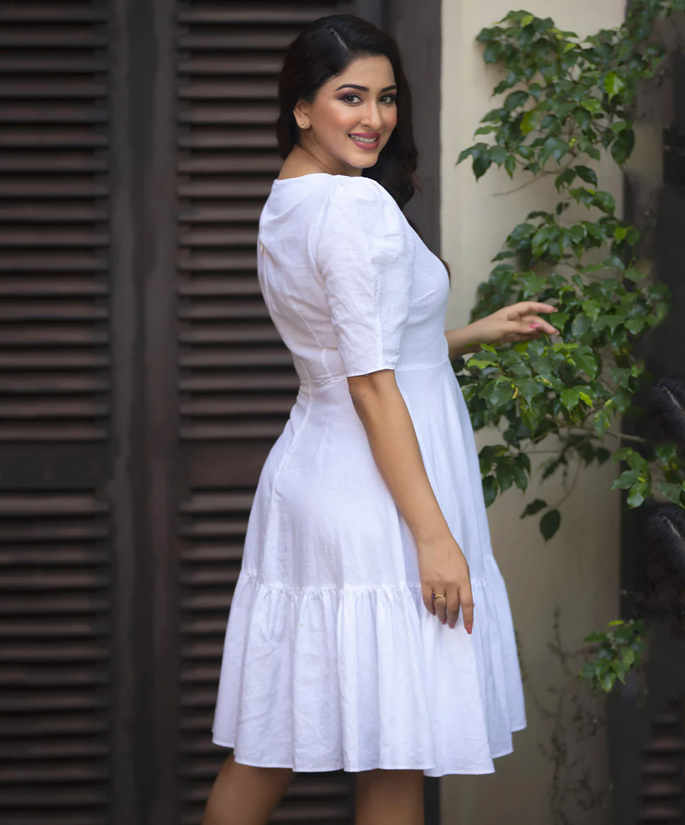 Buttons In the Neck-Line Linen Dress - Image 3