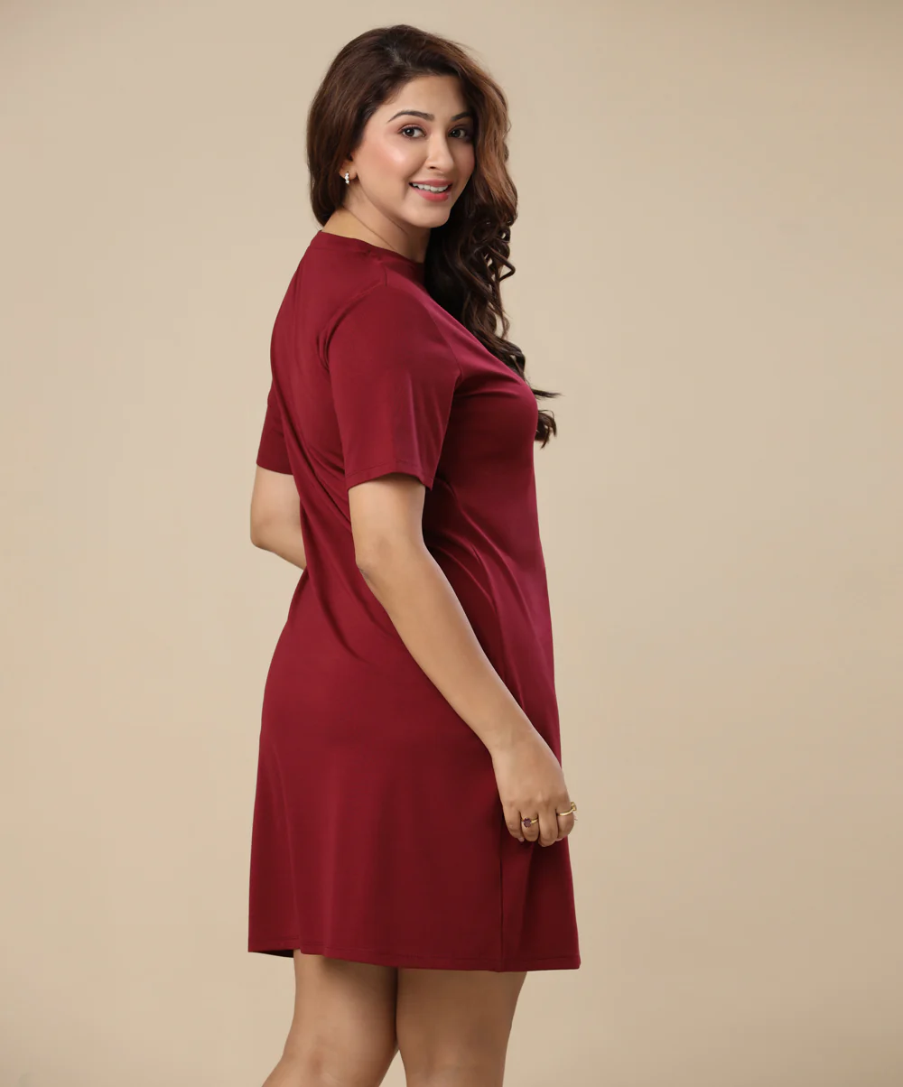 Casual Short Sleeve Maroon Tee Dress - Image 2