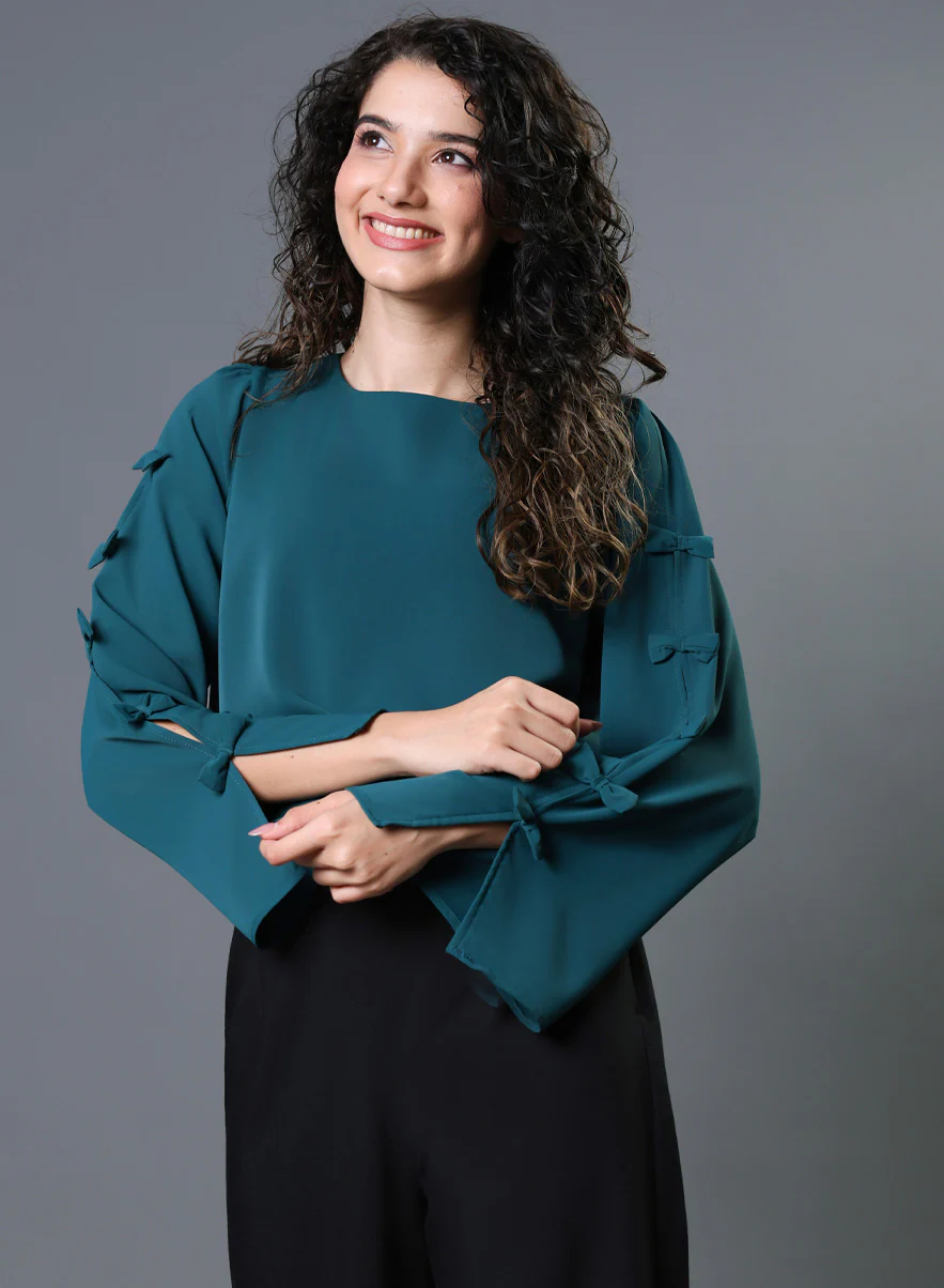 Chiffon Bow Dark Green Top - Image 3