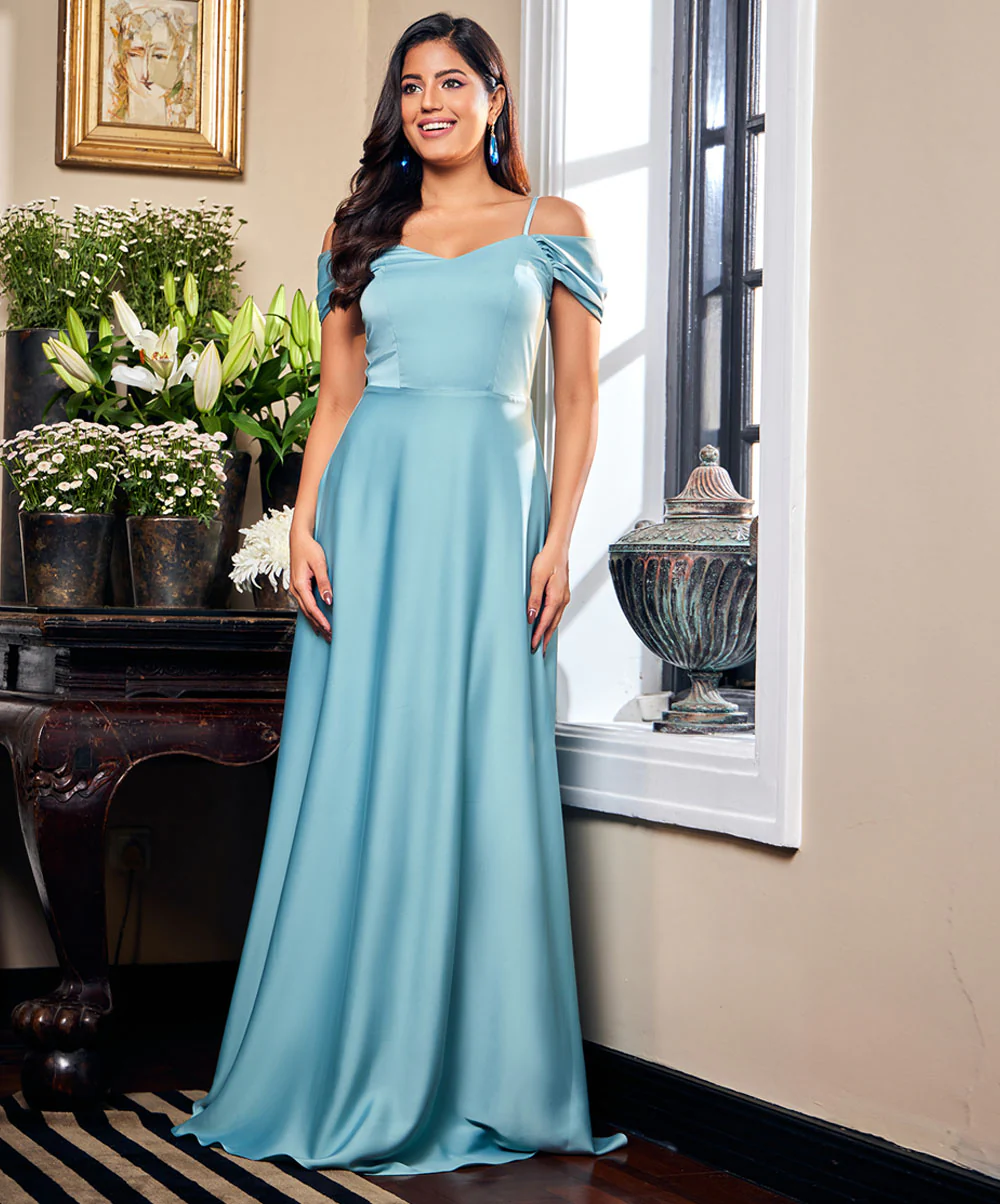 Chiffon Cold Shoulder Blue Maxi Dress - Image 2