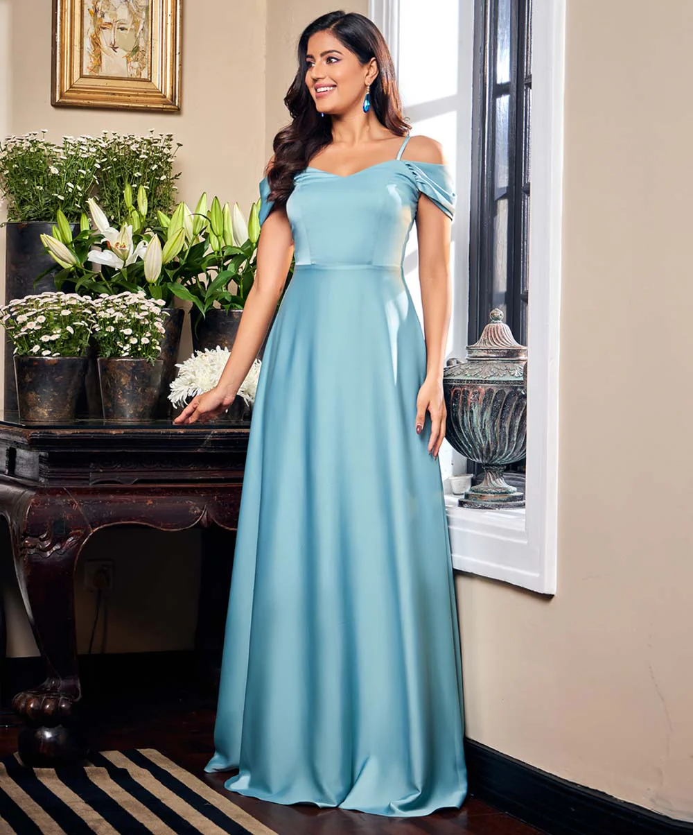 Chiffon Cold Shoulder Blue Maxi Dress - Image 3