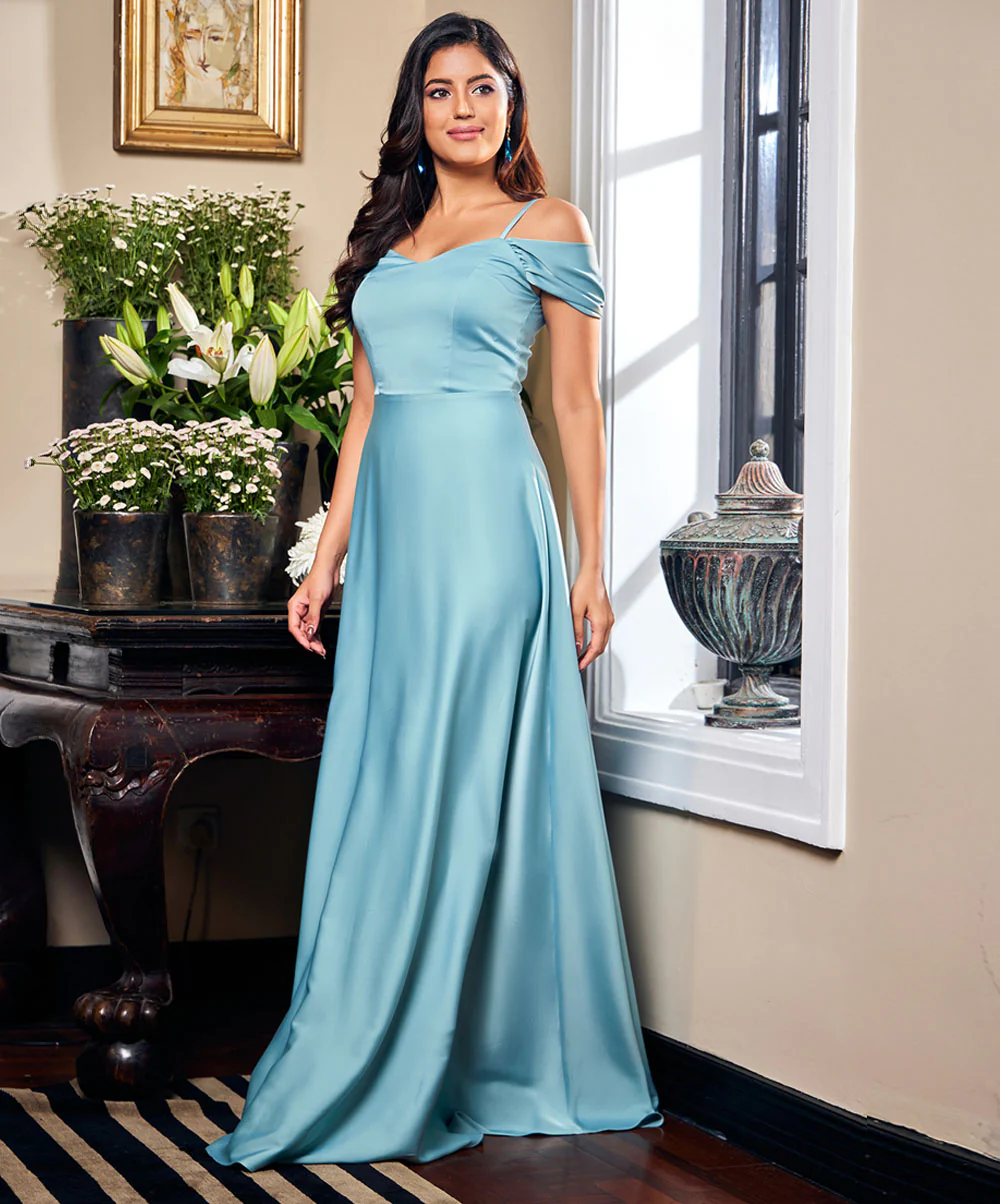 Chiffon Cold Shoulder Blue Maxi Dress - Image 5