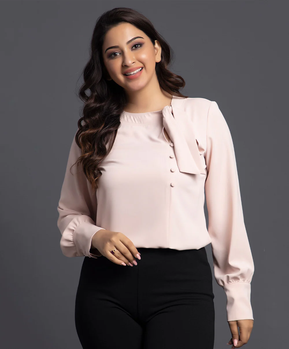Beige Chiffon Top With A Neck Tie