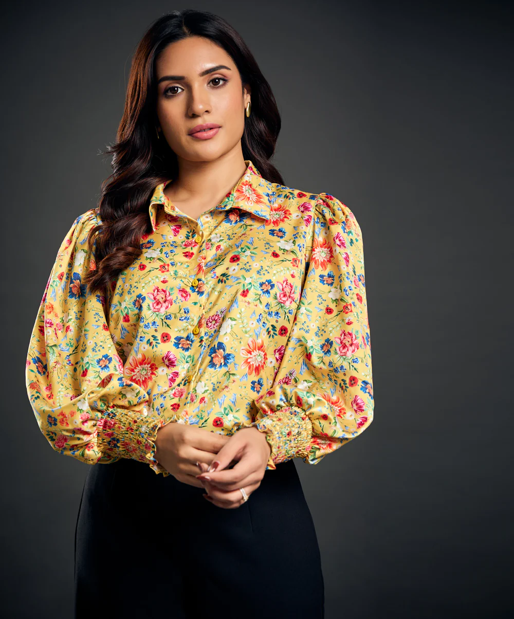 Classic Collar Printed Satin Shirt Top