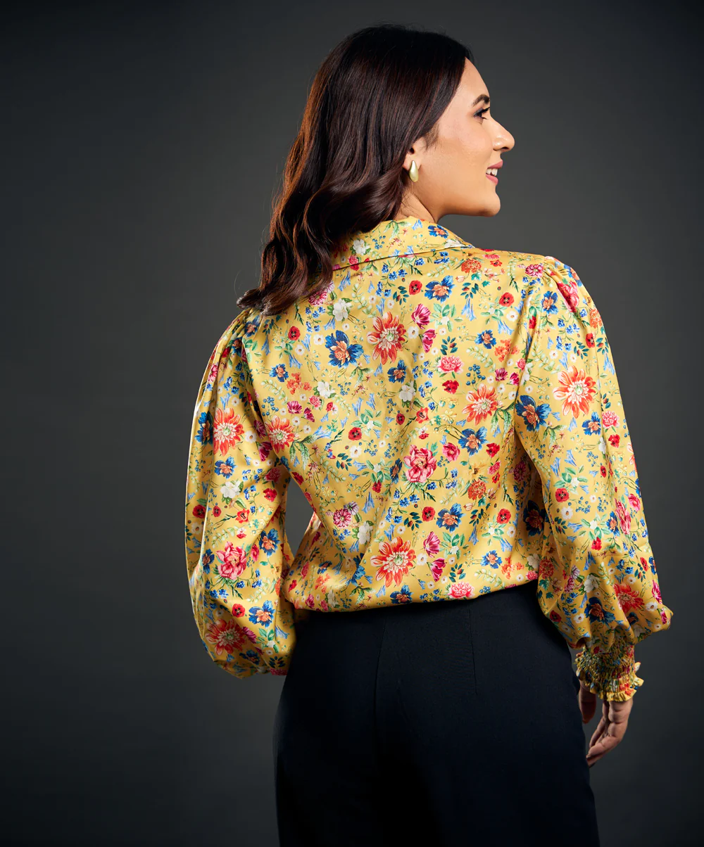 Classic Collar Printed Satin Shirt Top - Image 4
