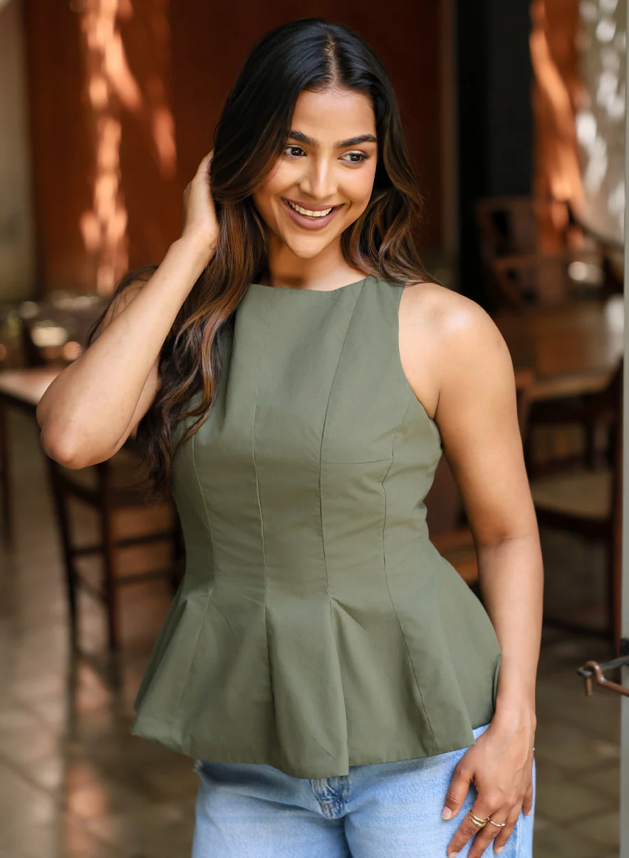 Classic Green Sleeveless Cotton Peplum Top - Image 3