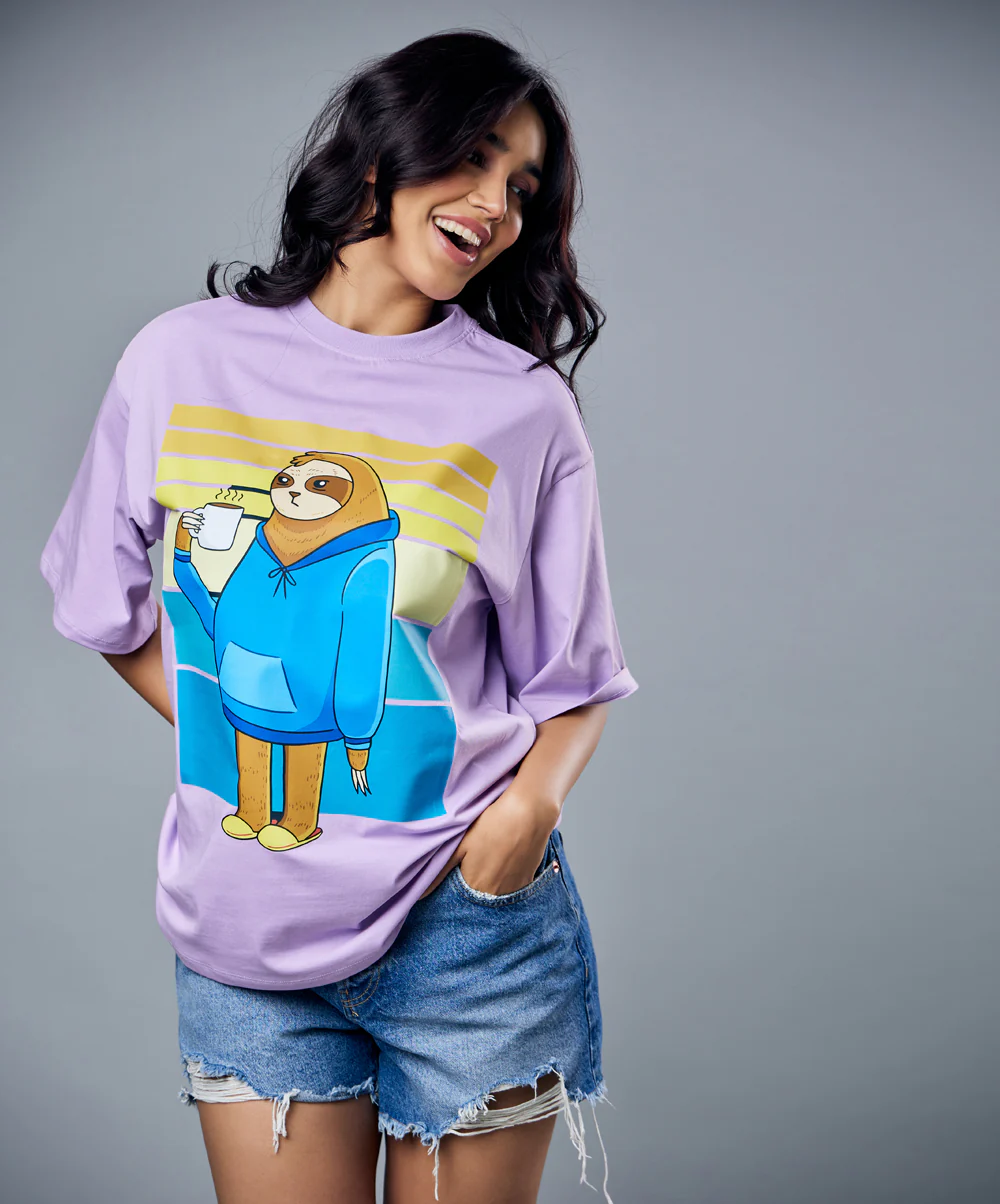 Coffee Drinking Sloth Oversized Tshirt - Image 4
