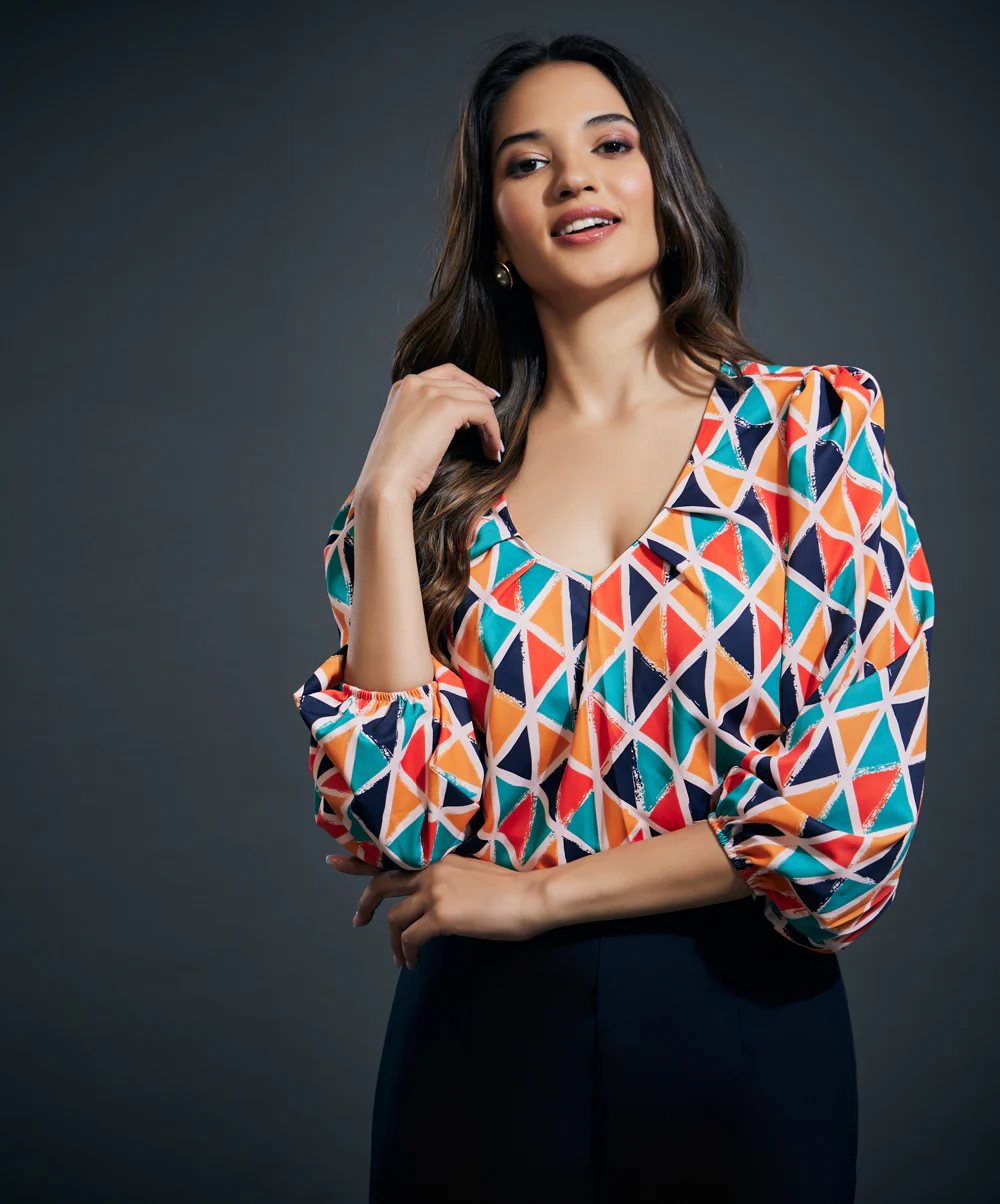 Colorful Vneck Puff Sleeve Chiffon Top - Image 2