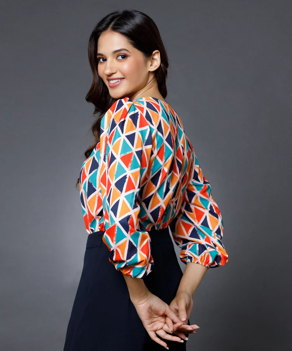 Colorful Vneck Puff Sleeve Chiffon Top - Image 3