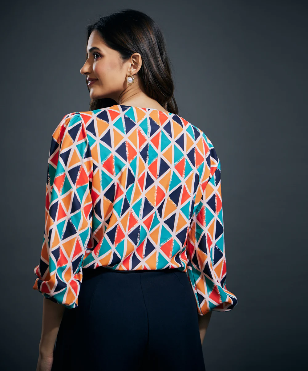 Colorful Vneck Puff Sleeve Chiffon Top - Image 4