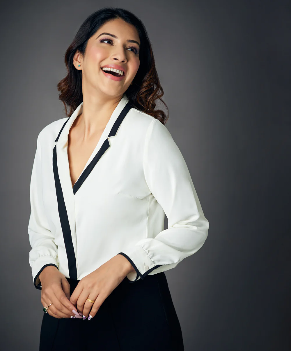 Contrast Long Sleeve White Chiffon Top