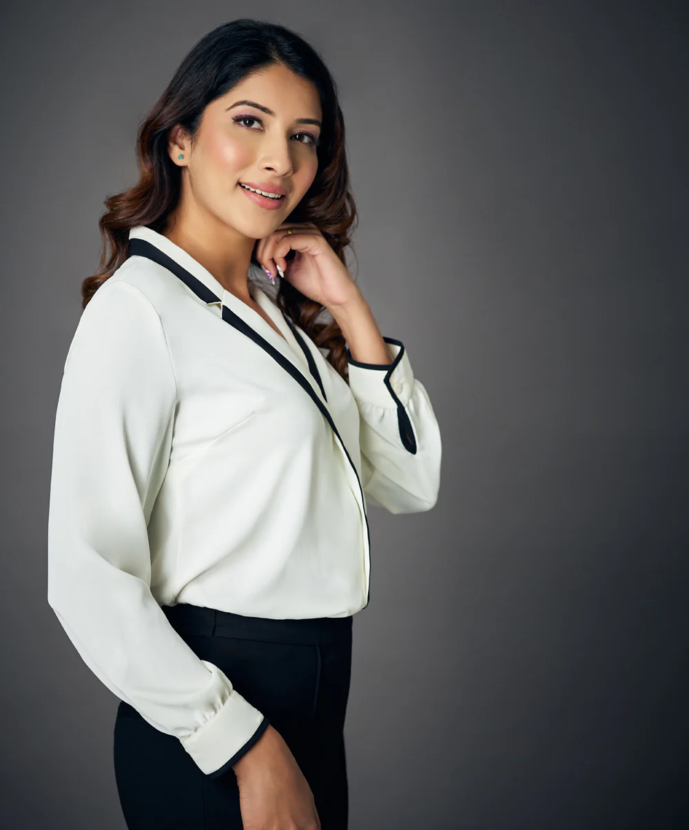 Contrast Long Sleeve White Chiffon Top - Image 3