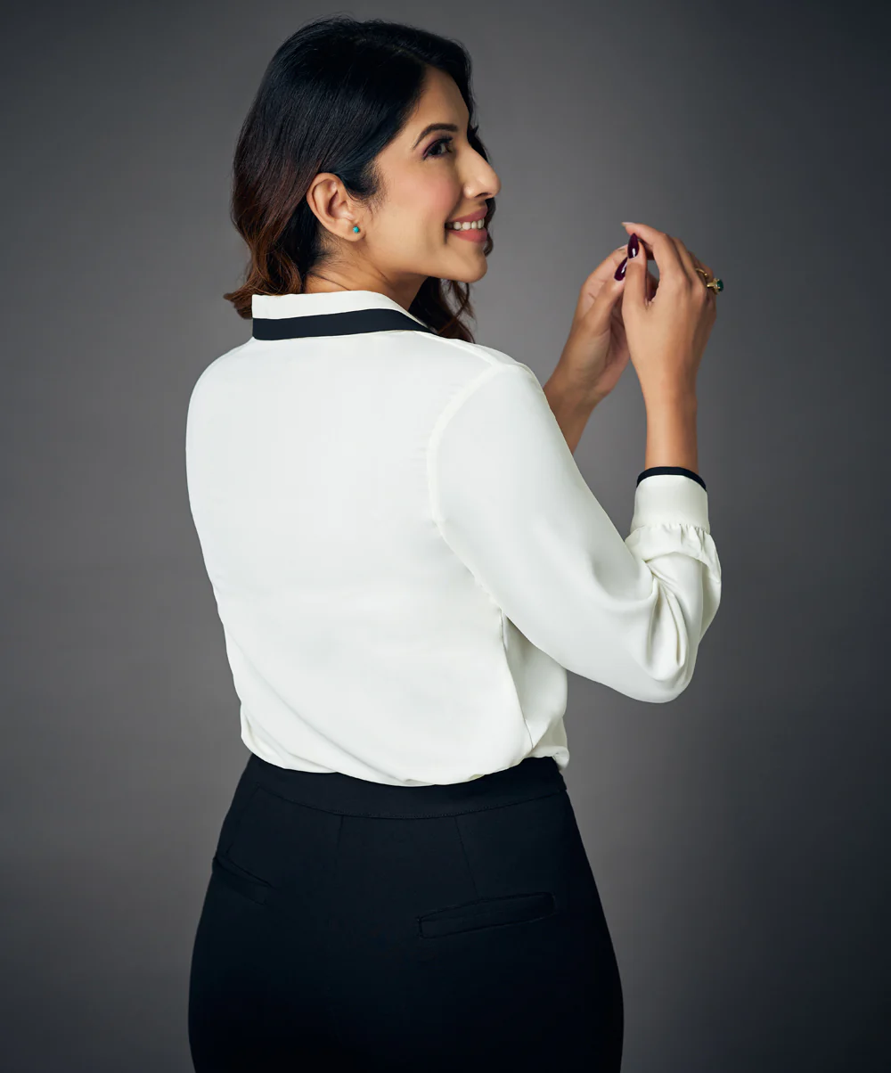 Contrast Long Sleeve White Chiffon Top - Image 4