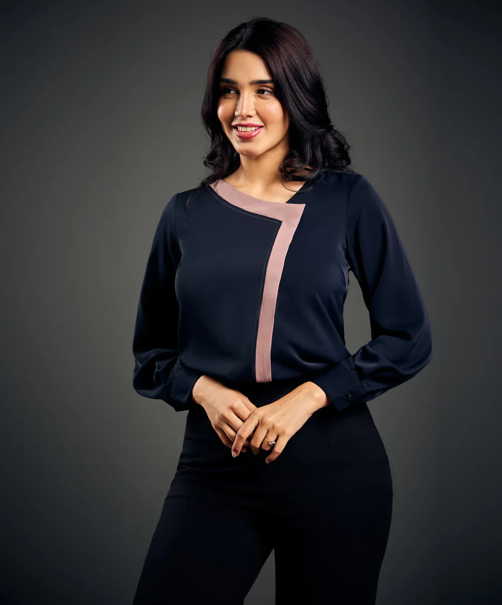 Contrast Panel Long Sleeve Chiffon Top - Image 2