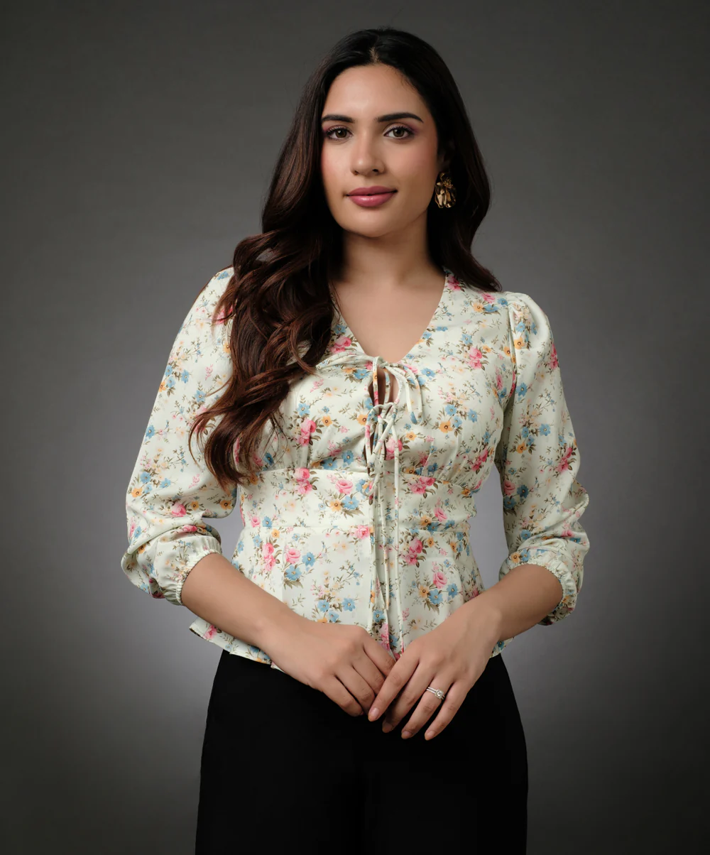 Corset Front Tie Peplum Chiffon Printed Top - Image 2