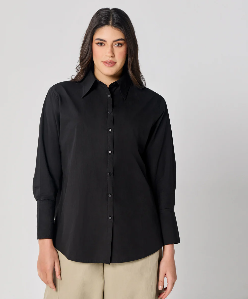 Cotton Oversized Shirt- Black - Image 3