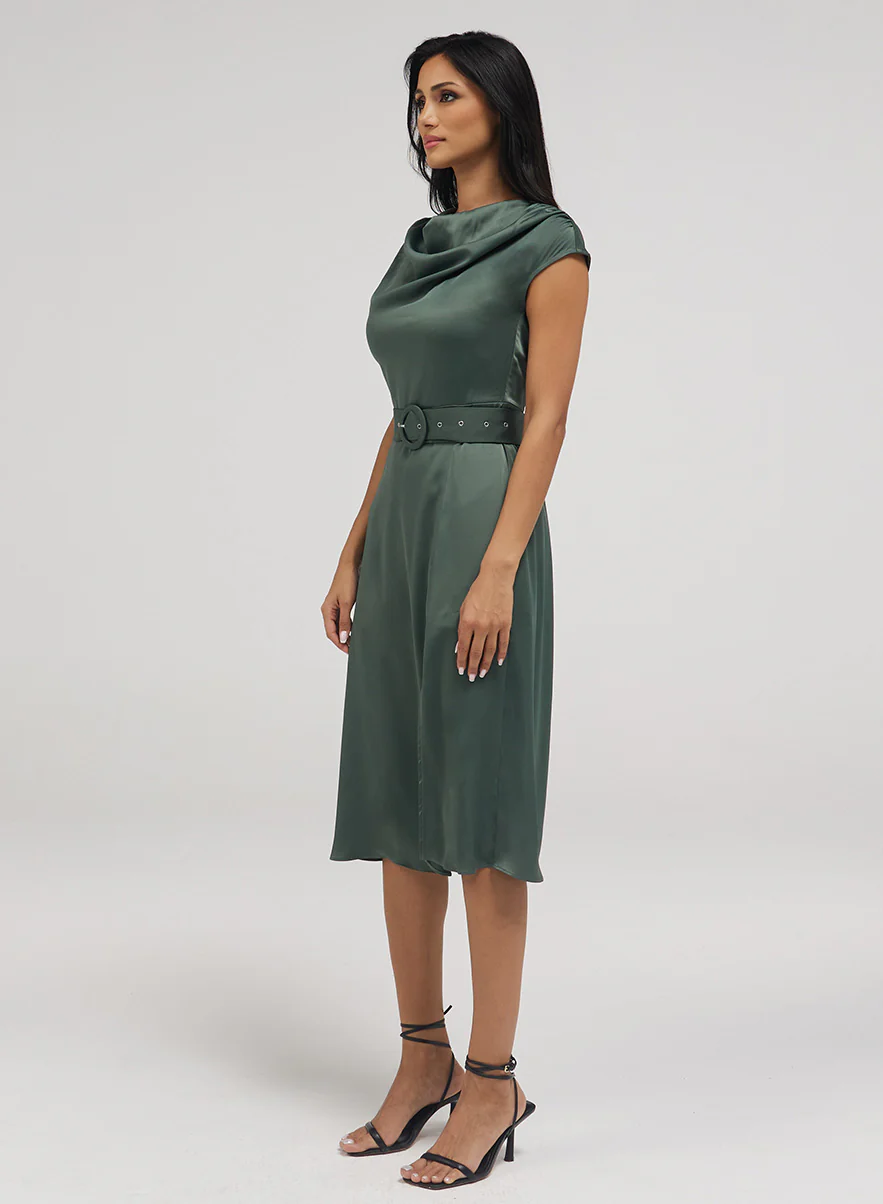Cowl Neck Dress With A Slit And Belt - Image 2