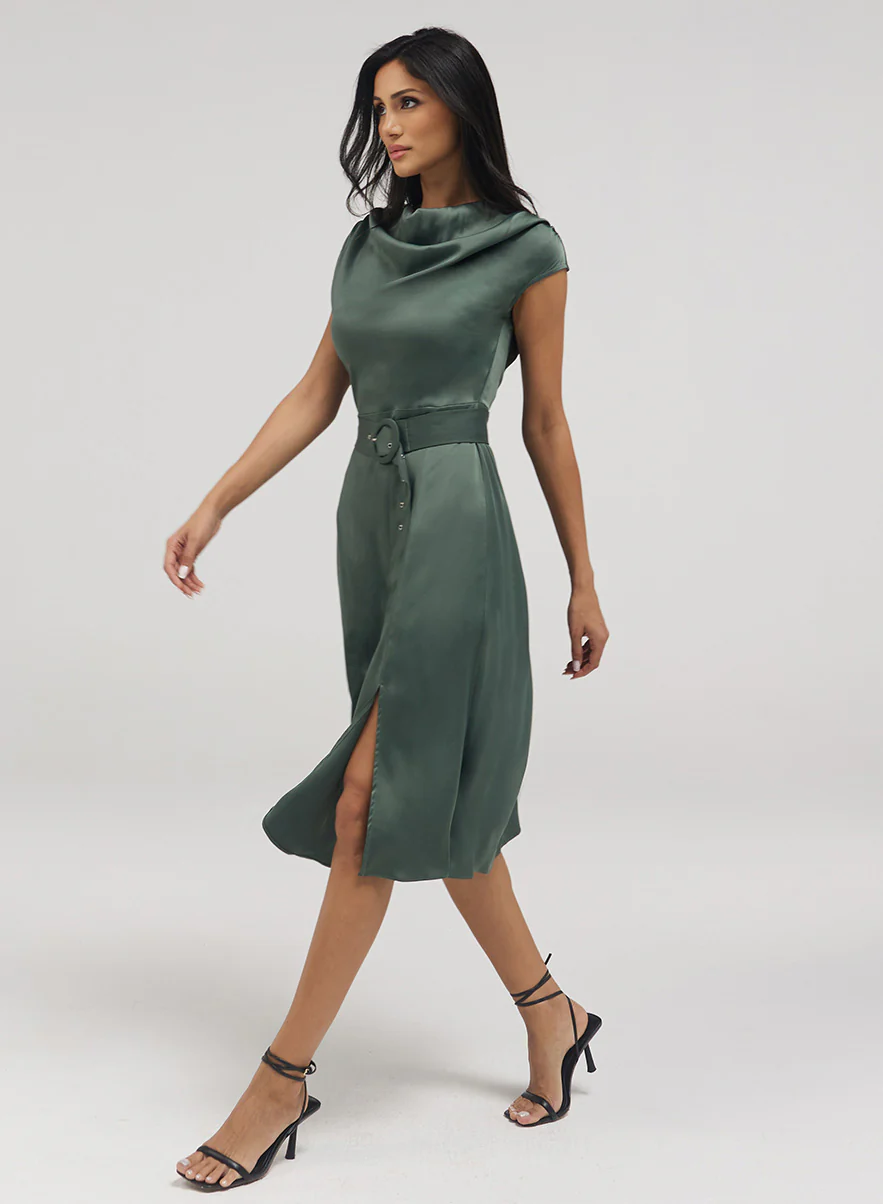 Cowl Neck Dress With A Slit And Belt - Image 3