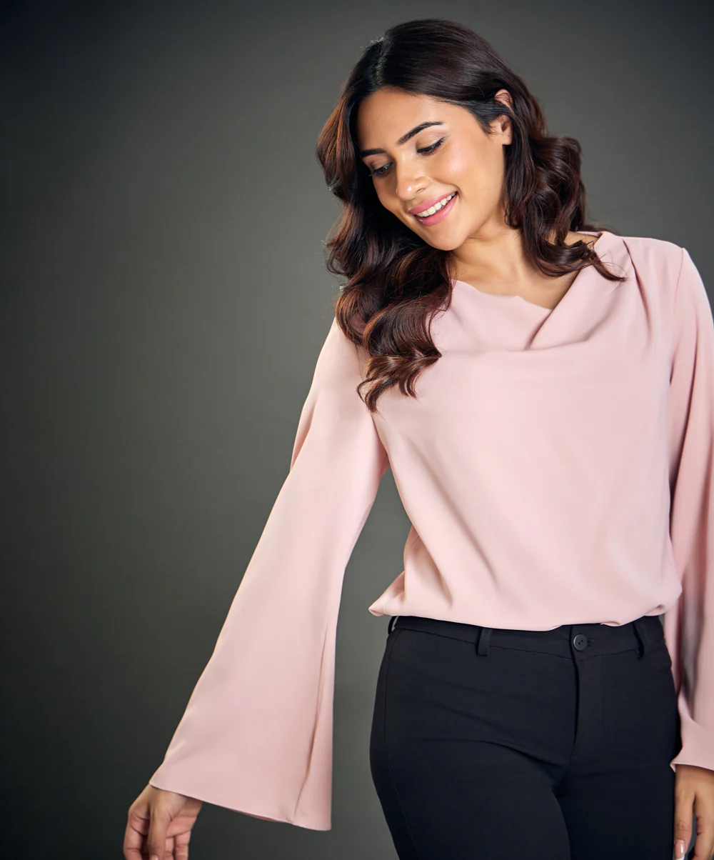 Cowl Neck Long Sleeve Pink Top - Image 3