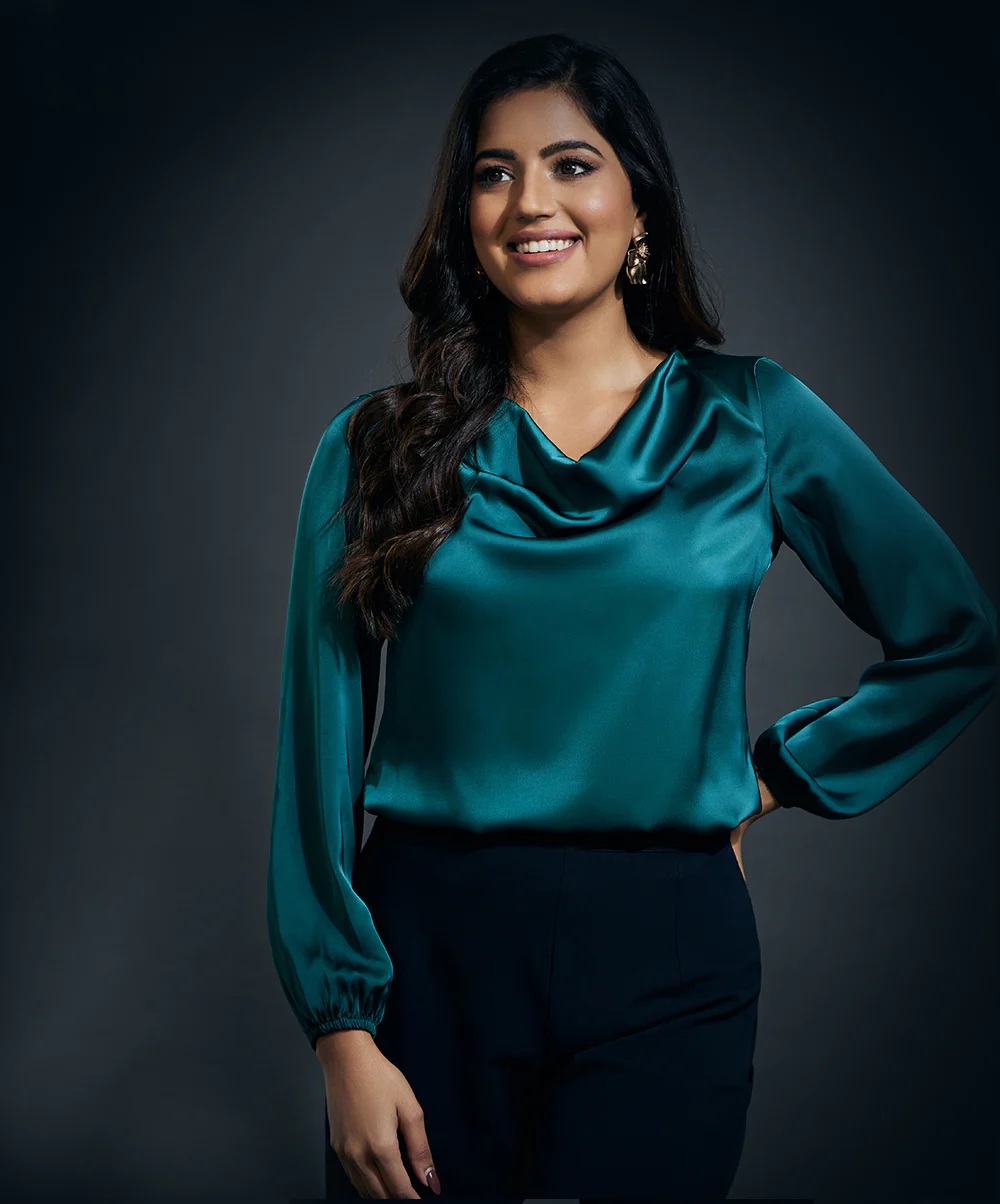 Cowl Neck Long Sleeve Satin Top-Dark Green - Image 2
