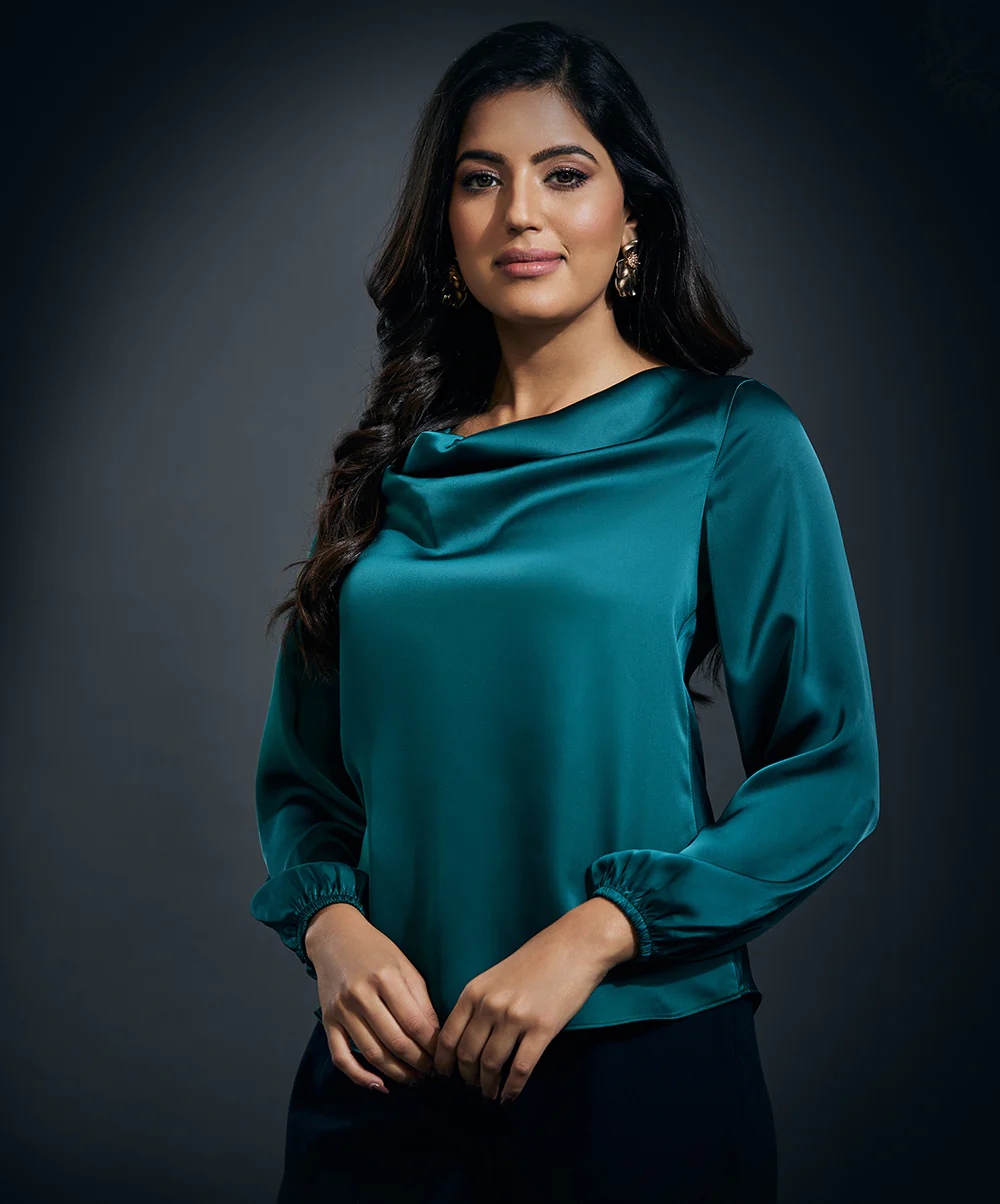 Cowl Neck Long Sleeve Satin Top-Dark Green - Image 3