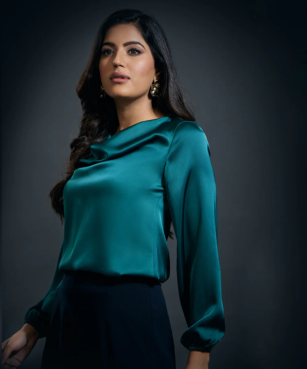 Cowl Neck Long Sleeve Satin Top-Dark Green - Image 4